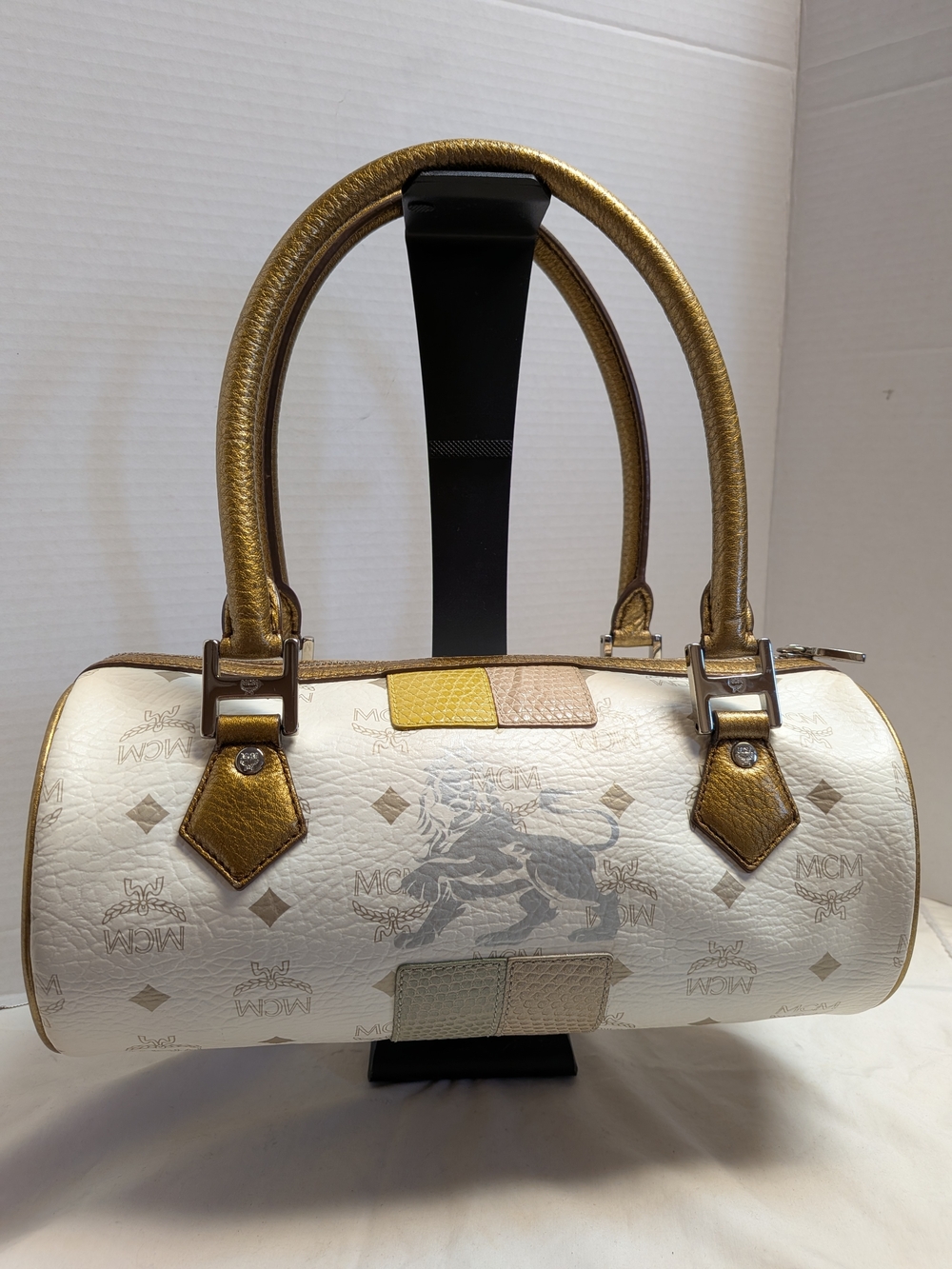 MCM White Barrel Bag with Gold Handles and Multicolor Patch Accents